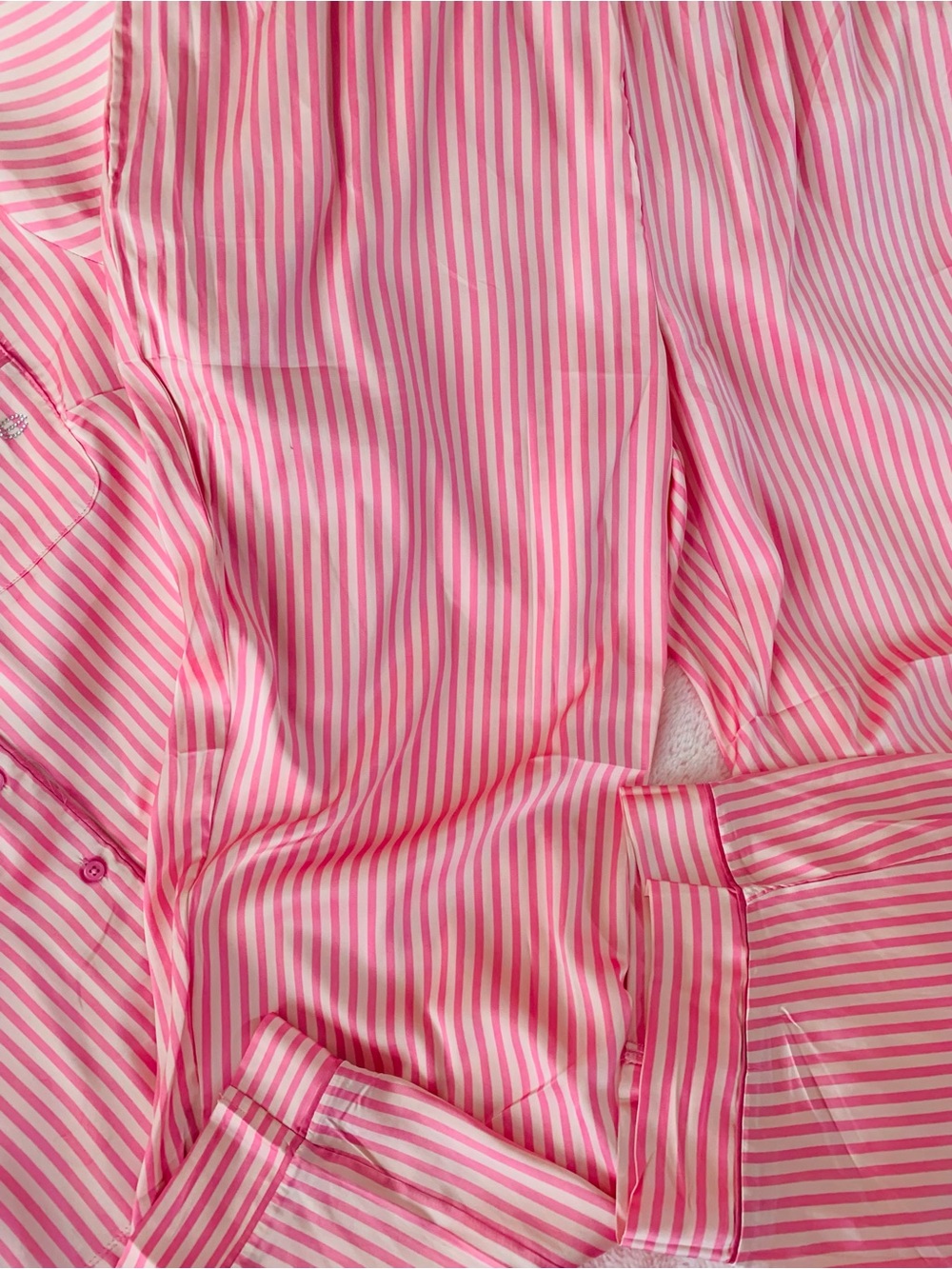 Bebe Silky Satin Pajama Set Candy Stripe Pink Button Down Size XL NWOT - Picture 4 of 14
